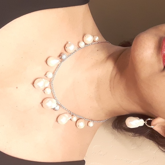 #7Rose Gold over 925, Baroque Pearls and Simulated Diamonds necklace.,All Products : American Fashion Style Bags On Sale